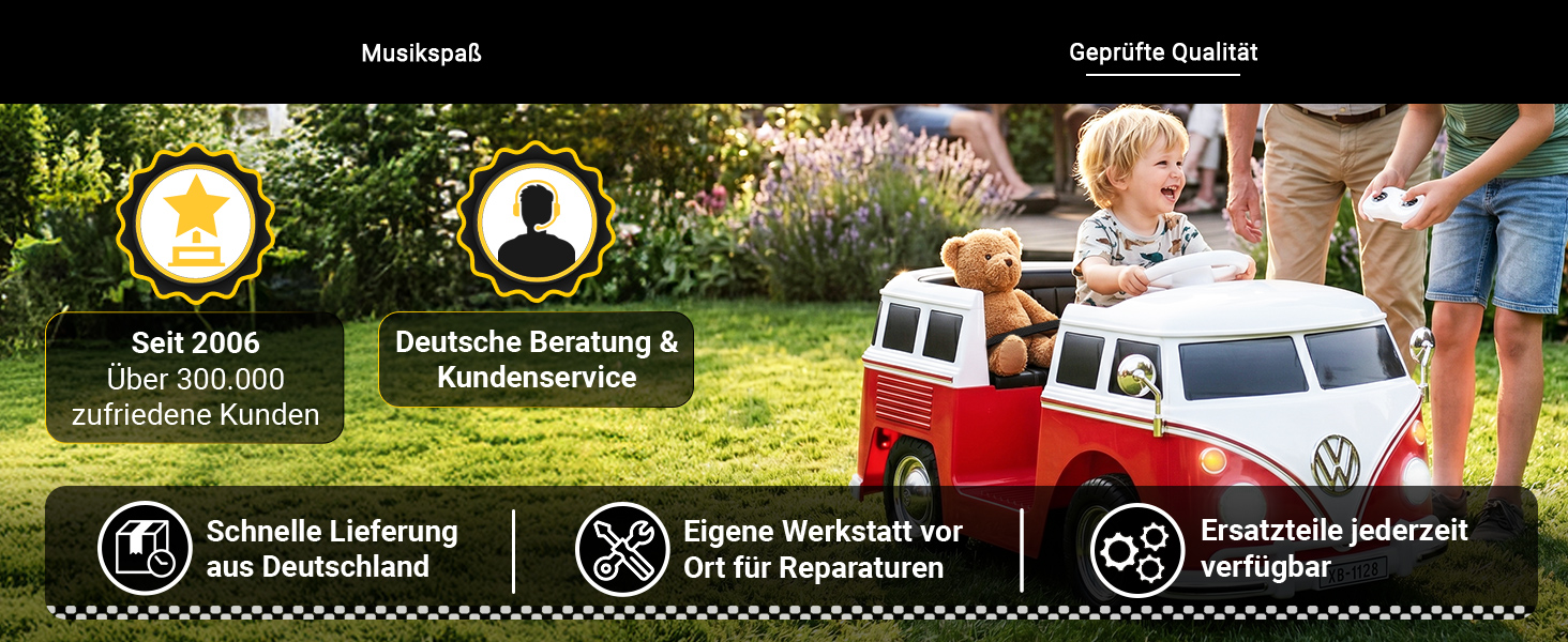 Qualität, Service und Ersatzteile aus Deutschland Actionbikes Motors steht seit 2006 für zuverlässigen Service rund um Kinder-Elektrofahrzeuge. Über 300.000 zufriedene Kunden, deutsche Beratung, schneller Versand aus Deutschland, eine eigene Werkstatt sowie dauerhaft verfügbare Ersatzteile sorgen für langfristigen Fahrspaß und eine hohe Produktsicherheit.